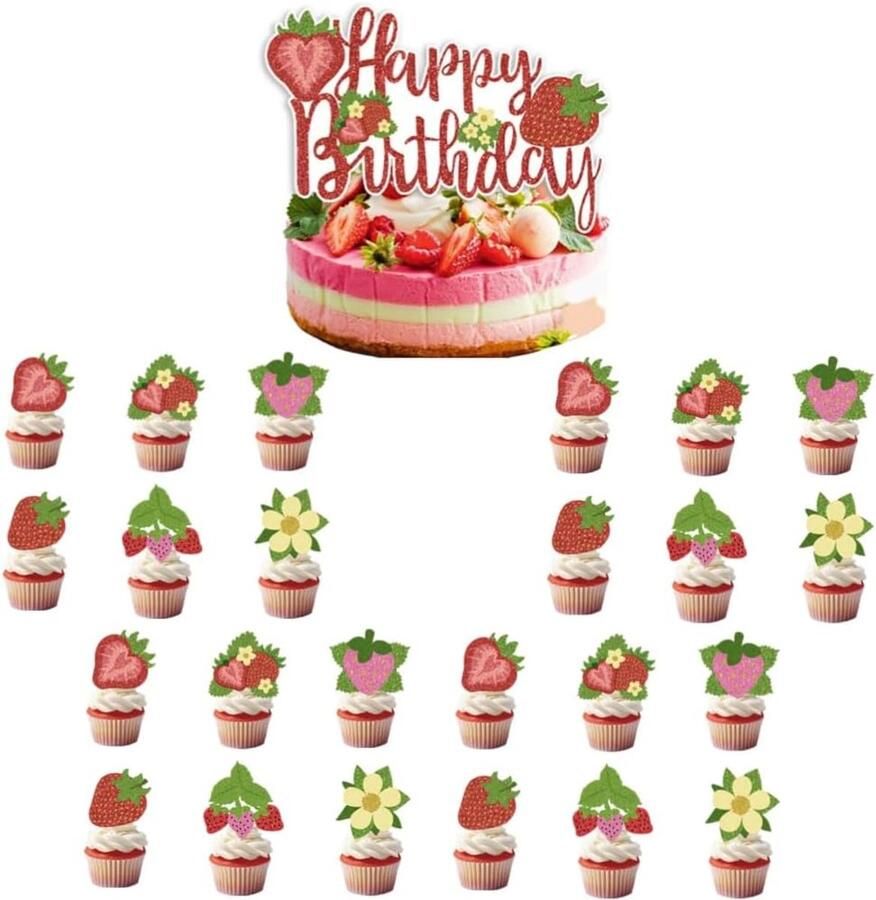 Aardbeien cupcake-toppers tandenstokervlag 25 stuks verjaardagstaartdecoraties voor kinderen verjaardag babyshower verjaardagsfeest bruiloft