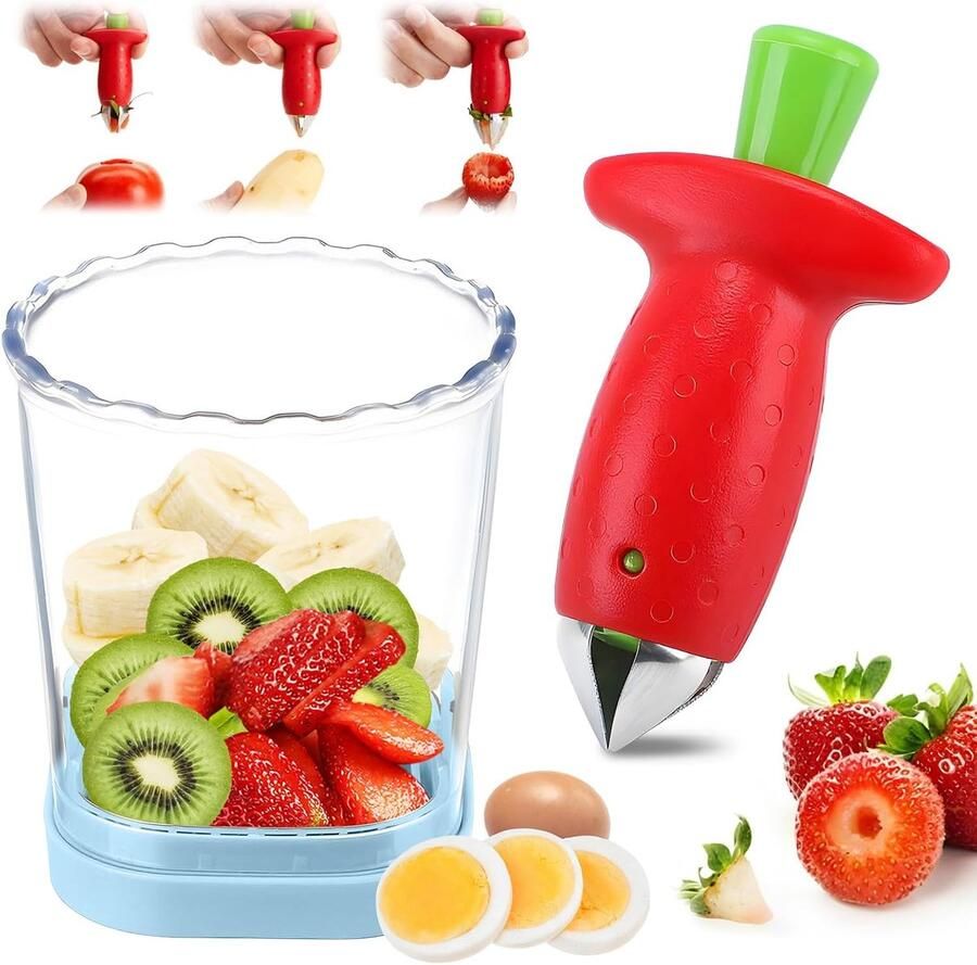 Aardbeien Snijder Fruit Slicer Dessert Decoratie 7 Roestvrijstalen Messen 9.5 x 7.6 cm Rood