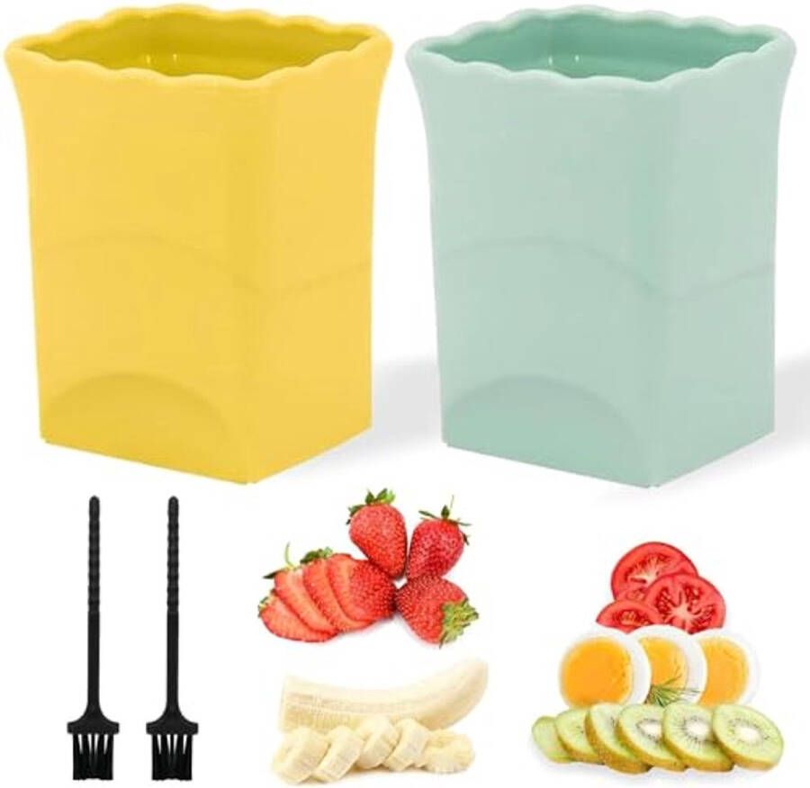 Aardbeiensnijder en Fruitsnijmachine 2 Stuks met Roestvrijstalen Messen voor Zacht Fruit Ideaal voor Fruitsalades (Geel en Groen)