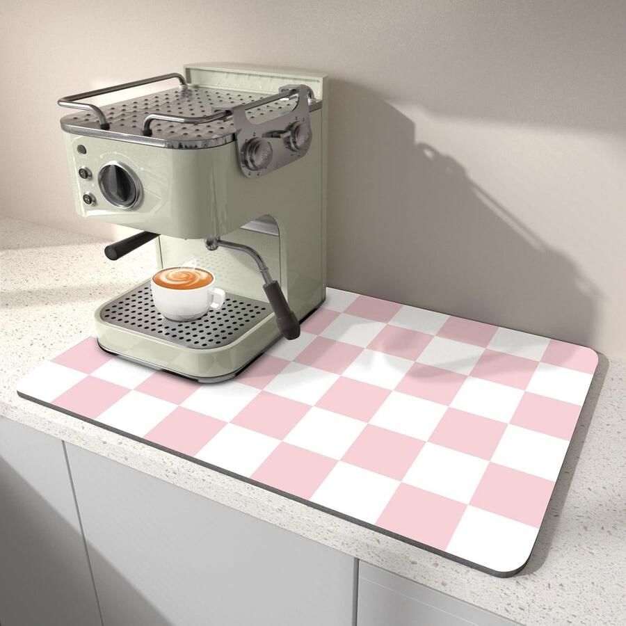 Absorberende Droogmat voor Espresso Machines 40 x 45 CM Vlekkenverbergende Keukenmat met Rubber Achterkant in Roze en Wit