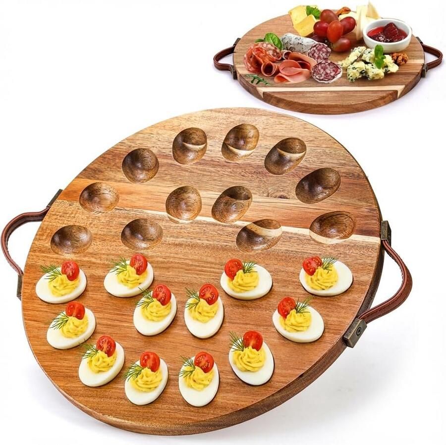 Acacia Houten Eierschotel met 24 Gaten Ronde Gevulde Eierlade met Handvatten Multifunctioneel Serveerblad en Charcuterie Board Handgemaakte Eierplaat voor Feestelijke Gelegenheden