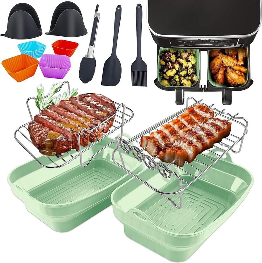 Accessoires 13 stuks voor Ninja Airfryer Duurzame AF451UK AF300UK AF400UK Herbruikbare siliconen voering Airfryer racks Glovesmetc Oven magnetron Groen