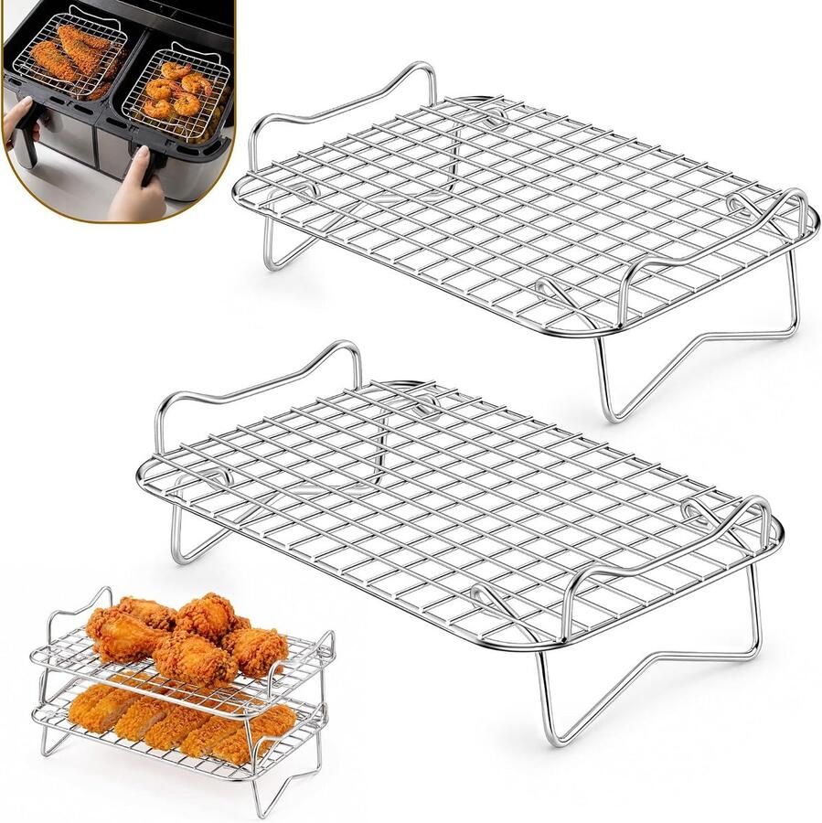 Accessoires 2 stuks roestvrij staal airfryer grillrooster 19 6 x 13 1 cm rooster voor 2 kamers heteluchtfriteuse stapelbare airfryer-accessoires rechthoekig vaatwasmachinebestendig
