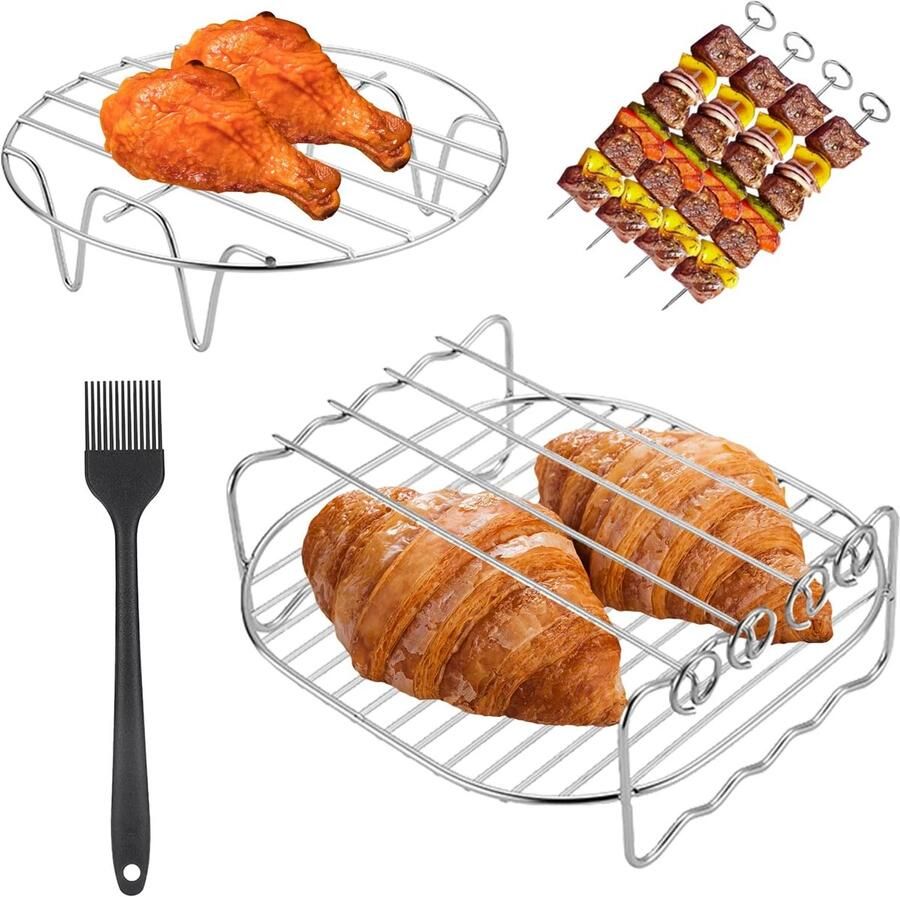 Accessoires roestvrijstalen gelaagde grillrooster en damprekset voor dubbele mand airfryers heteluchtfriteuse accessoire dehydratorrek met 4 grillspiesjes + 1 olieborstel