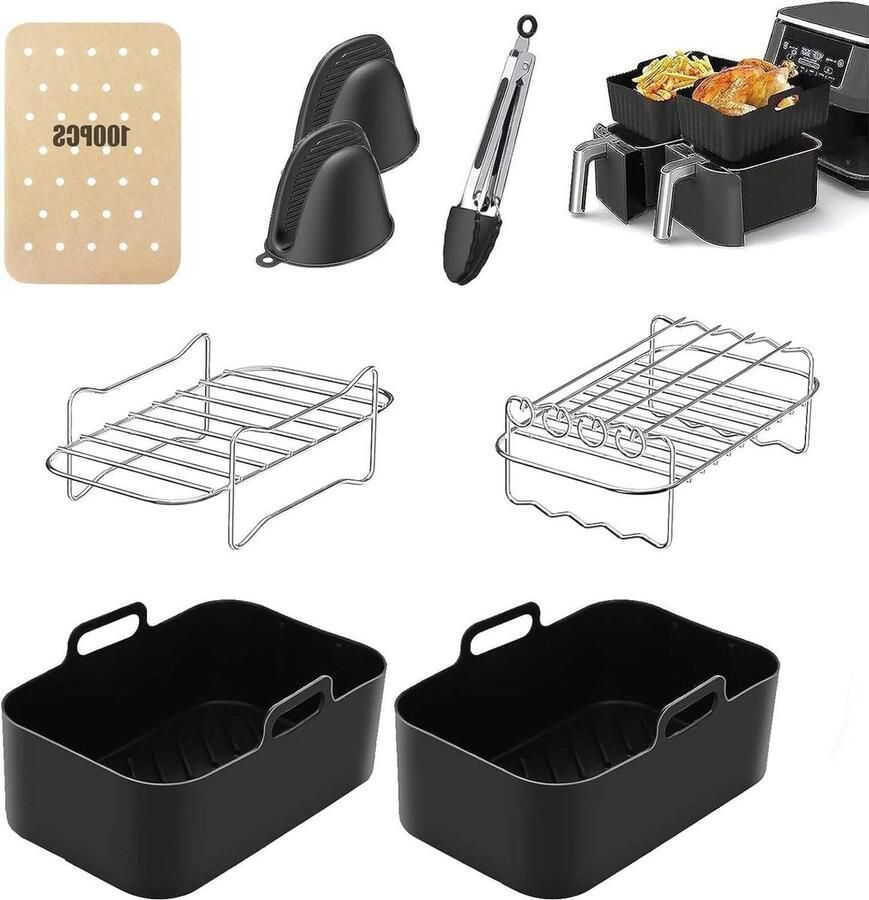 Accessoires Set Airfryer 8 stuks Ninja Dual AF300EU 400EU Dubbele Rekken Siliconen Voeringen Papieren Voering HandschoenenVoedselclip