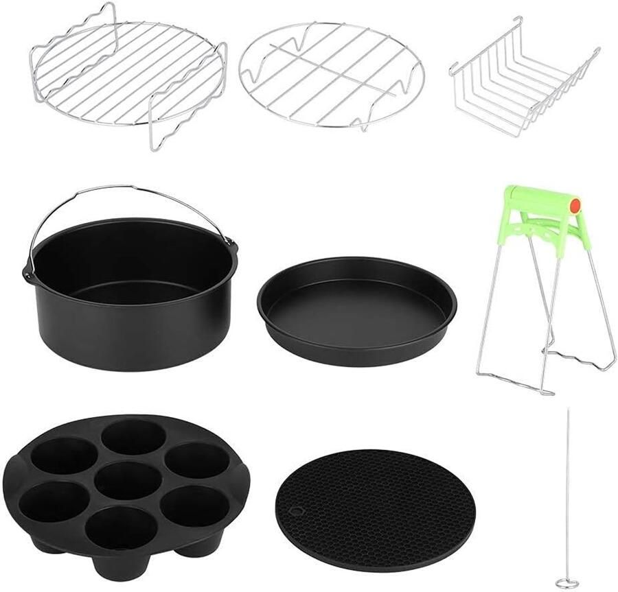 Accessoires Set Friteuse Onderdelen Bakken Grillen 8-Delig Roestvrij Staal 20 cm Diameter Zilver Zwart