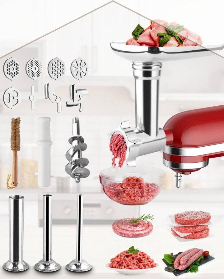 Accessoires vleesmolen voor KitchenAid keukenmachine aansluiting met 3 buizen en vulling voor worst 2 maalplaten Vleesmolen