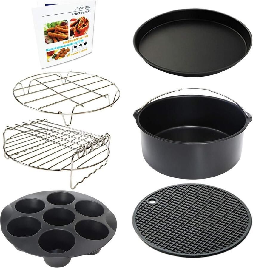 Accessoires voor 8 inch Air Fryer Set van 7 met Eimallen Pizzapan Cakevorm Spiesjesrek Siliconenmat en Kookboek voor Gezond Koken