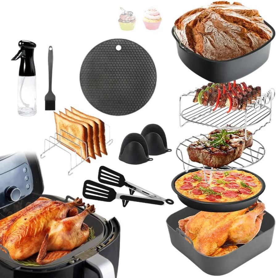 Accessoires voor de airfryer 12-delige set inclusief siliconen airfryer-inzetstuk airfryer-rekje en siliconen handschoenen. Geschikt voor alle airfryers met een diameter van 20 cm compatibel met oven en magnetron