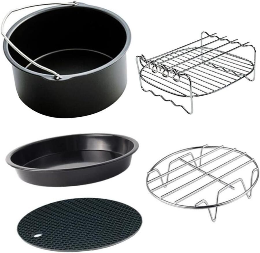 Accessoires voor de airfryer 5-delige set Inclusief bakvorm en rooster Bakmand Bakgereedschap 16 cm diameter (6 inch) Geschikt voor 2 3L-3 2L inhoud Gemakkelijk schoon te maken Zwart