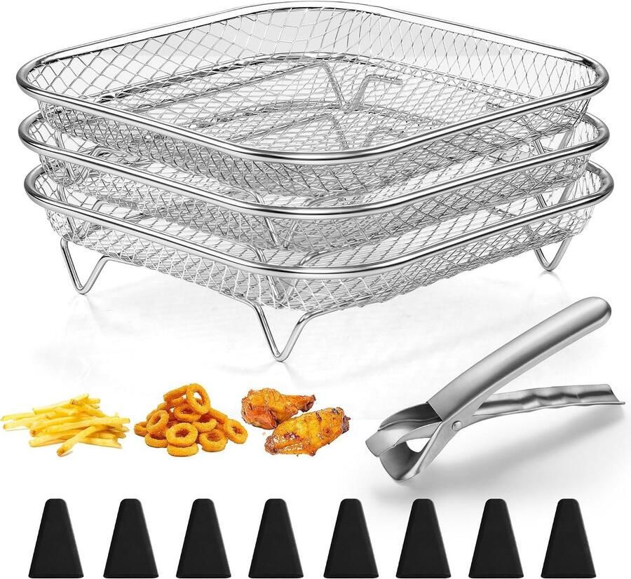 Accessoires voor heteluchtfriteuse 3-laags roestvrij staal vierkant frituurmand rooster voor heteluchtfriteuse 19 6 cm grillrooster airfryer-accessoires met 8 siliconen voetjes en 1 tang