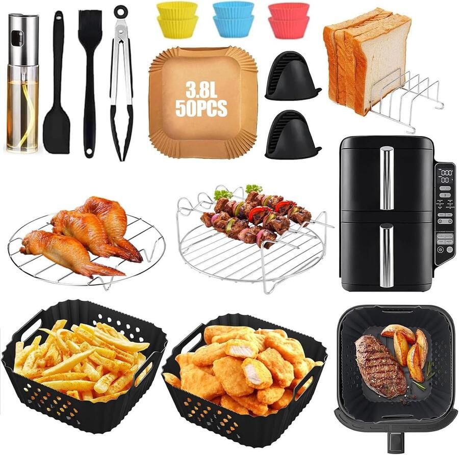 Accessoires voor heteluchtfriteuse voor Ninja Double Stack XL SL300EU 7 6L siliconenvorm Airfryer accessoires compleet set – Inclusief roestvrijstalen grill bakpapier tang en siliconen