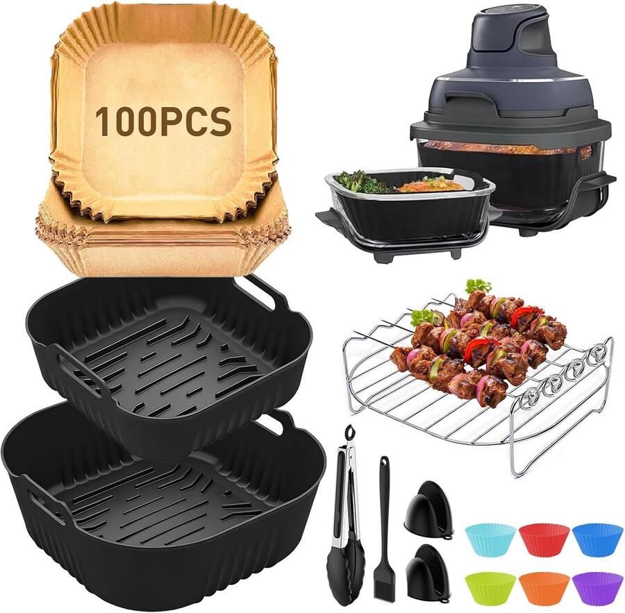 SnelShoppen Air Fryer Accessoires Set voor Ninja CRISPi FN101EU 13-delige Silicone Moulding Baskets & RVS Grill Ideaal voor Keuken Gezonde Koke