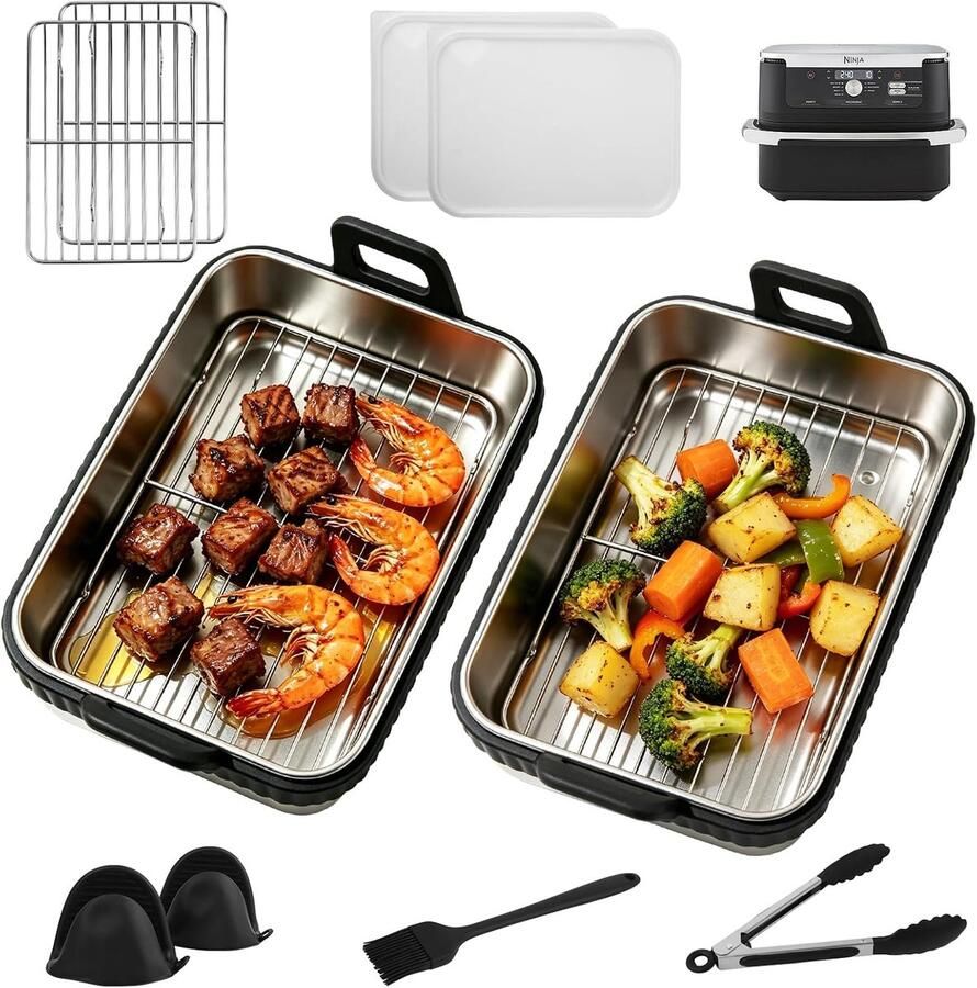 Accessoireset: roestvrij stalen ovenschaal en siliconen accessoires voor Ninja Dual Zone heteluchtfriteuse compatibel met AF500EU AF400EU SL400EU DZ400EU AF451EU