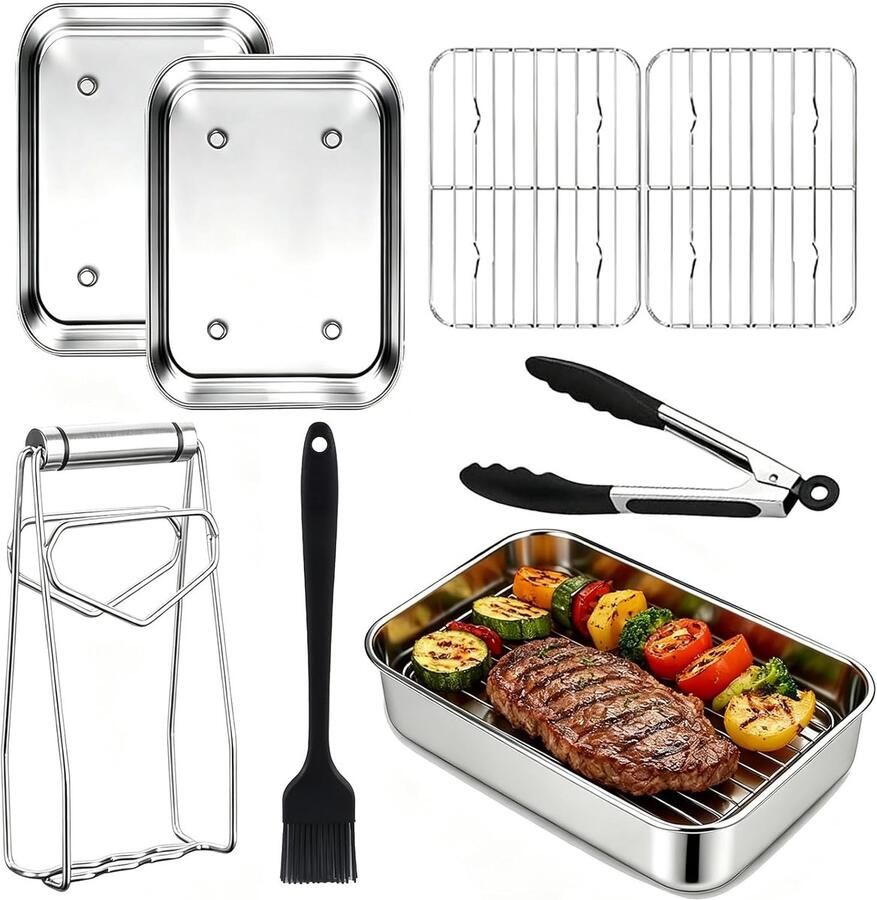Accessoireset voor heteluchtfriteuse bevat accessoires: ovenschaal Airfryer roestvrij staal 304 rooster plaatlifter siliconen borstel en komklemmen compatibel met AF500EU AF400EU