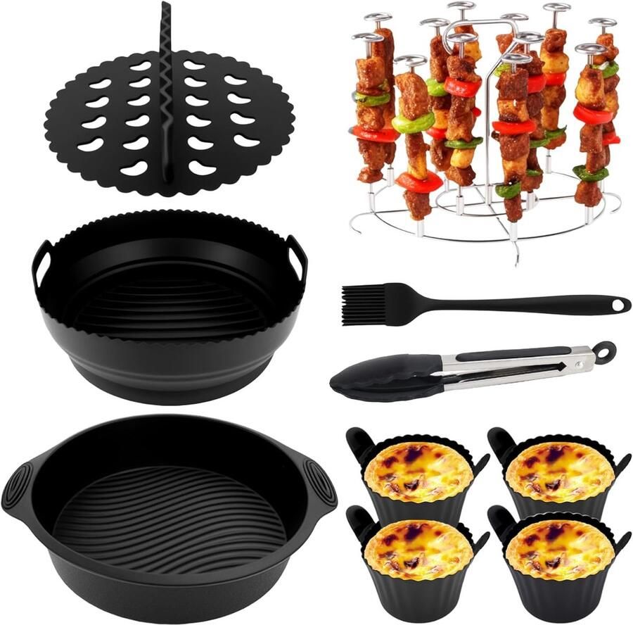Accessoireset voor heteluchtfriteuse compatibel met Ninja AF160EU AF150EU AF161EU COSORI Philips Airfryer accessoires rond inclusief siliconen voorkant grillrooster olieborstel pizzapan