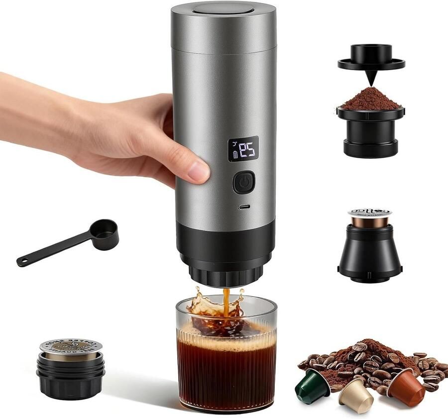 Accu Koffiezetapparaat Mini Espresso Machine Kamperen en Reizen 3-in-1 Werking 700g Gewicht Grijs