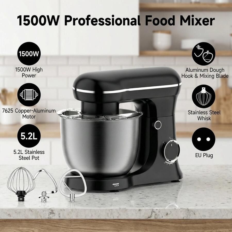 ACEP 60° Draaibare mixer 5L 1500W Zwart Mixer met mengkom Kitchenaid keukenmachine