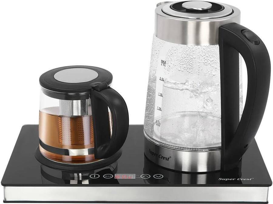 ACEP Elektrische waterkoker set 2.5 Liter en 1 Liter 1800W Wit Warmwaterboiler met LCD-display Glazen theeketel