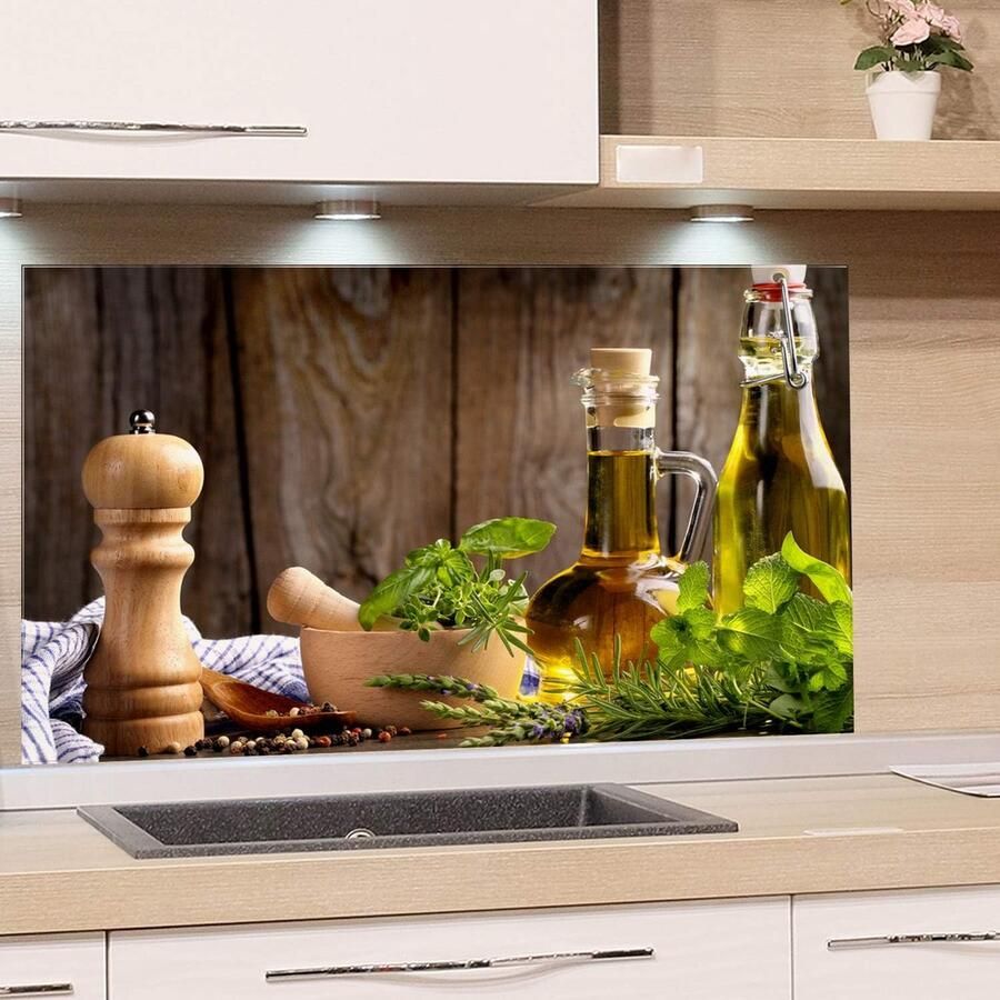 Achterwand Keuken Glas 80x40cm: Spatwand voor Fornuis met Groene Kruiden Decoratie
