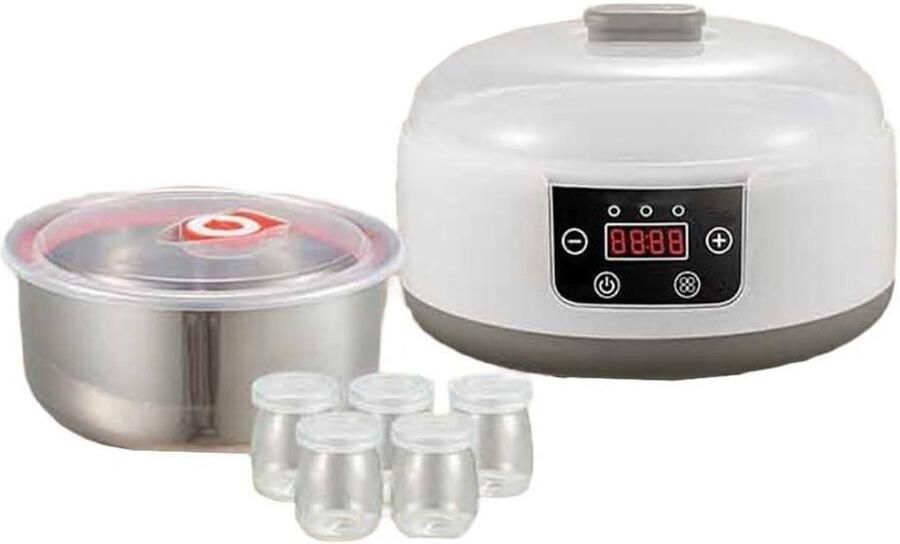 Adjustable temperature yogurt maker with timer and five glass jars designed for healthy probiotic yogurt and fermented foods with transparent observation lid (European