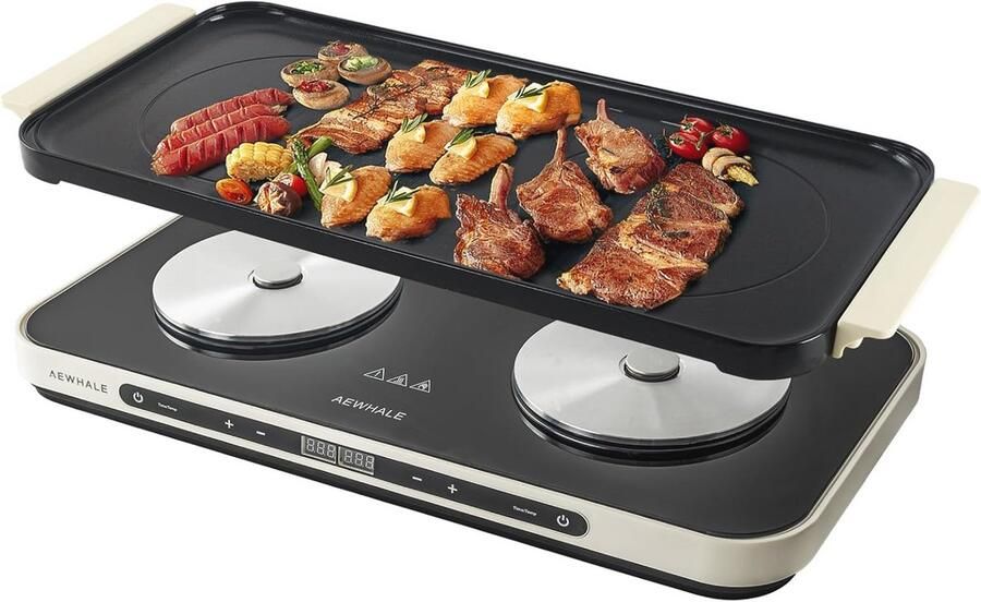 AEWHALE 2-pits elektrisch kookplaatje met afneembare grillpan anti-aanbaklaag 2000W elektrische kookplaat met LCD-touchscreen en instelbare temperatuur