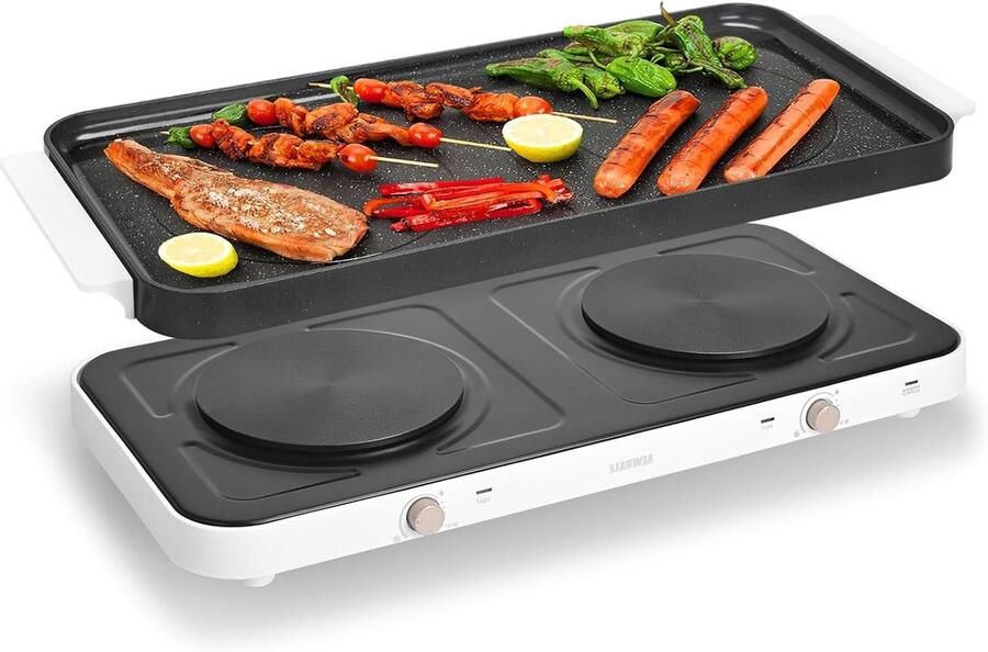 AEWHALE Elektrische grill met 2 kookplaten verwijderbare keramische plaat met antiaanbaklaag regelbare temperatuur voor in de tuin thuis koken en kamperen