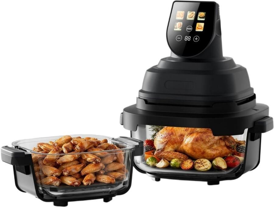 AF40 Glazen Airfryer 1500W – Heteluchtfriteuse met Touchscreen 2 Glazen Schalen (1 4L & 3 8L) – Gezond Frituren zonder Olie – Compact Airfryer voor 1–4 Personen