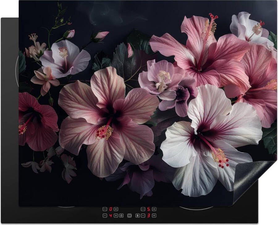 Afdekplaat voor fornuis eendelig keuken afdekplaten voor fornuis afdekking inductiekookplaat keramische plaat oprolbare mat hibiscus bloemen roze blad stijlleven natuur 65 x