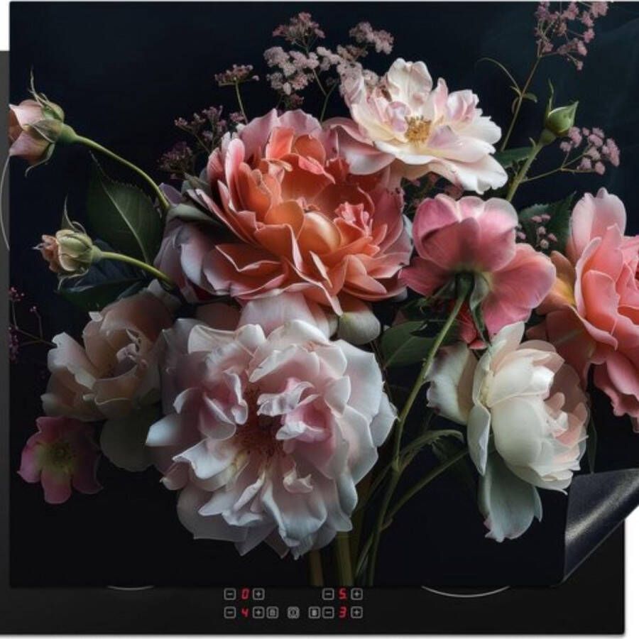 Afdekplaat voor fornuis eendelig keuken afdekplaten voor fornuis afdekking inductiekookplaat keramische plaat oprolbare mat bloemen rozen wit roze botanisch planten 60 x 52 - Foto 2