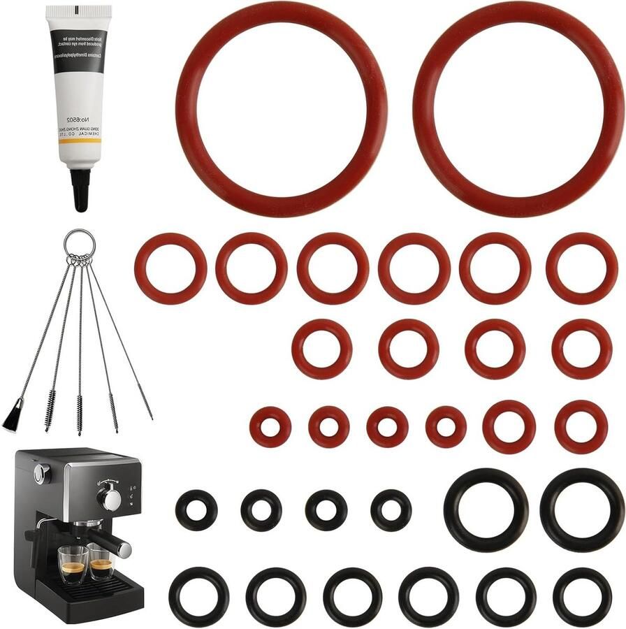 Afdichtingsset met 30 O-ringen en onderhoudsen voor koffiezetapparaten inclusief 10 g siliconenvet en 5 reserveonderdelen