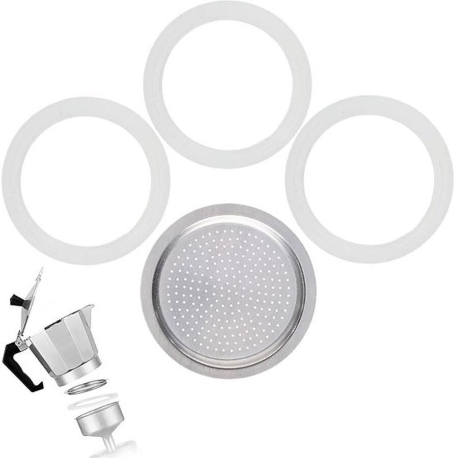 Afdichtring Set van 4 3 Siliconen Afdichtingen Aluminium Zeefinzetstuk Voor Koffiezetapparaten Buitendiameter 7 12 cm Koffiefilter