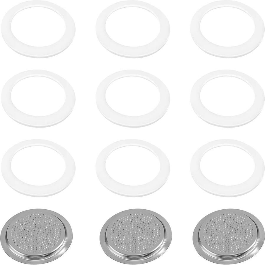 Afdichtringen Siliconen Ring Afdichtring Koffiebeker Afdichting Espressokoker Afwasbaar 9 Vervangende Afdichtring en 3 Aluminium Filters Voor Koffiemachines 6 Koppen Potten (74 mm)