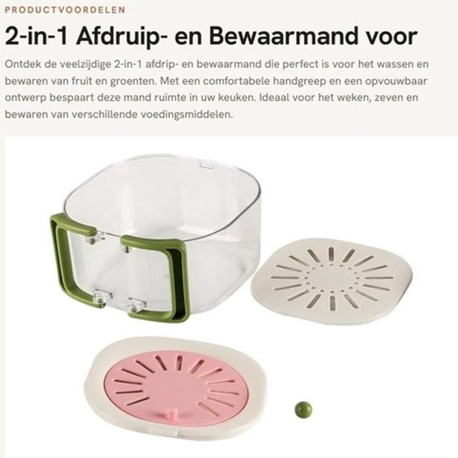 Afdruipmand 2-in-1 Opvouwbaar Zeef Handgreep Bewaarcontainer 15x8 5cm PP+PET Vergiet - Foto 1