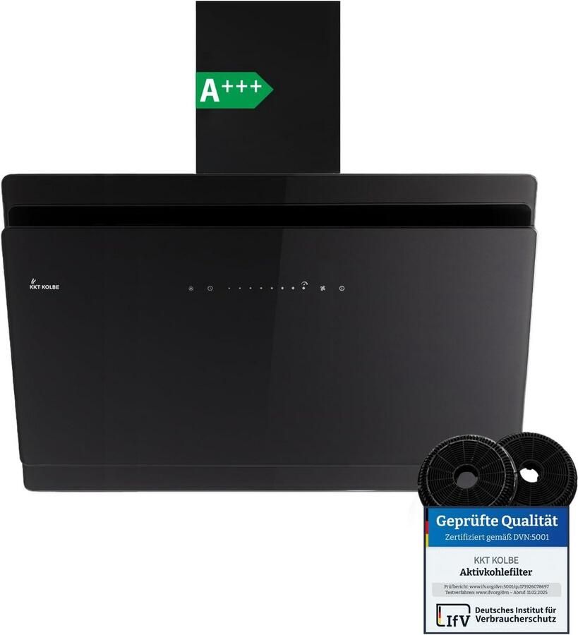 Afzuigkap 90 cm zwart glas A+++ wandmontage schuindesign kopvrij