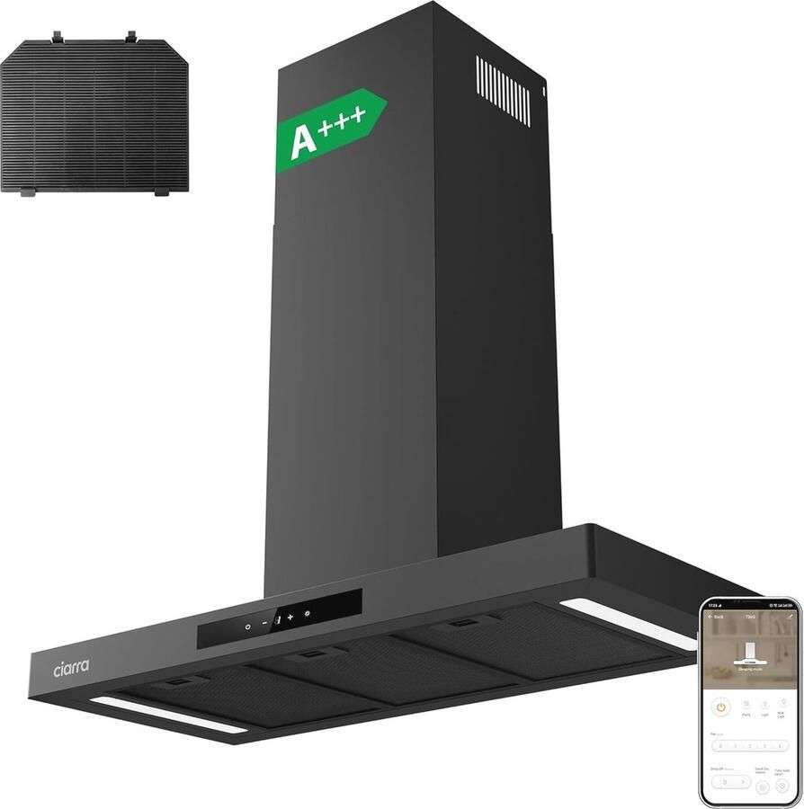 Afzuigkap 90cm A+++ Recirculatie Afzuigkap 650m³ h Wi-Fi Touchbediening Zwart