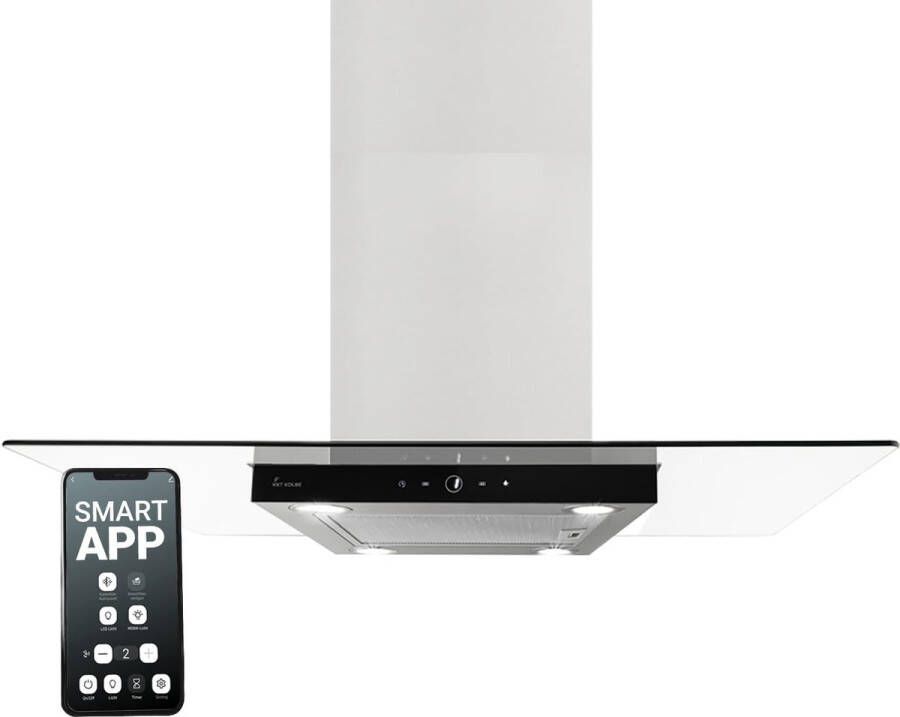 Afzuigkap Keuken 90 cm Eiland afzuigkap Roestvrij Staal en Zwart Glas Wifi Automatische Uitschakeling Touch Bedieningen