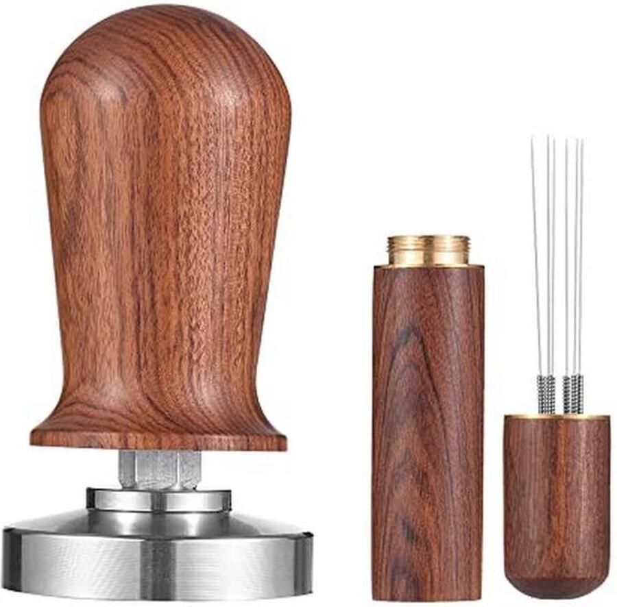 Ailgely 51 mm espresso-stamper koffiestamper en roerset gekalibreerde koffiestamper met veerbelaste platte 304 roestvrijstalen basis koffiestamper houten greeppers voor cafés en koffieliefhebbers