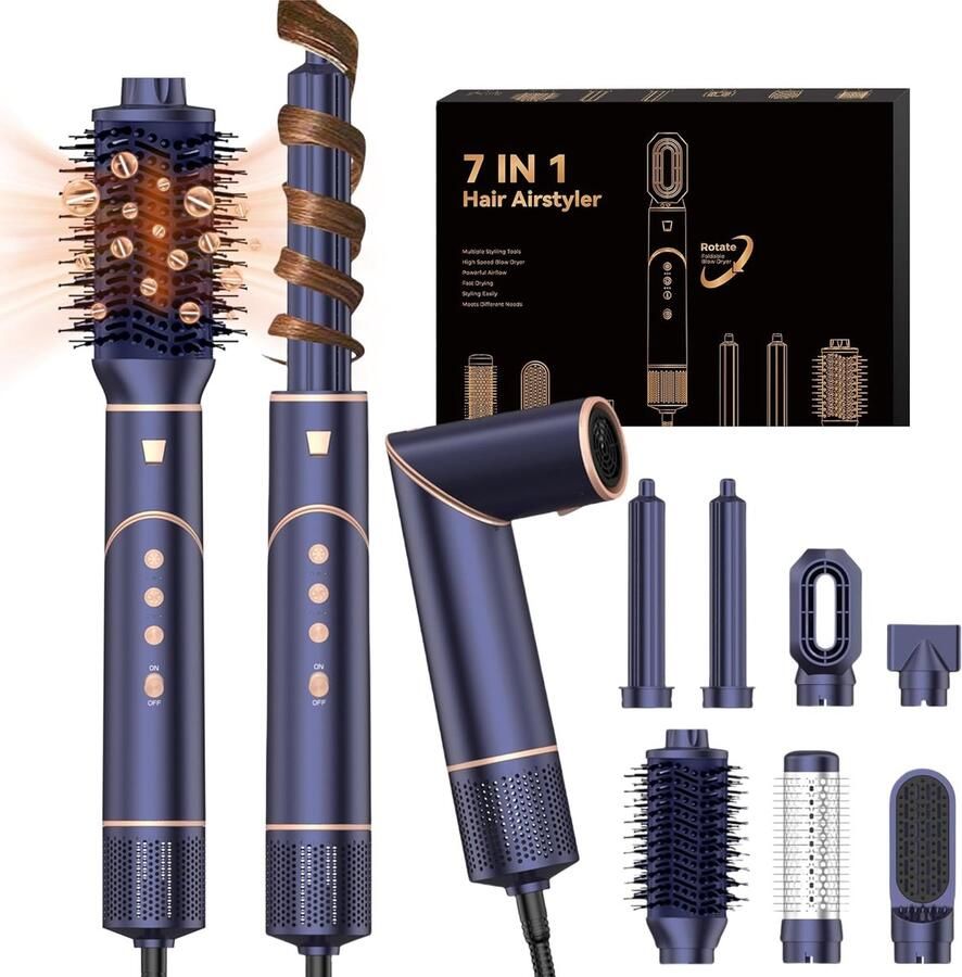 Air Brush Styler 7-in-1 haarborstel ionische haardroger hoge snelheid 110.000 omw min met 7 kappersaccessoires verwarmingsborstel borstelset hete luchtborstels saffierblauw