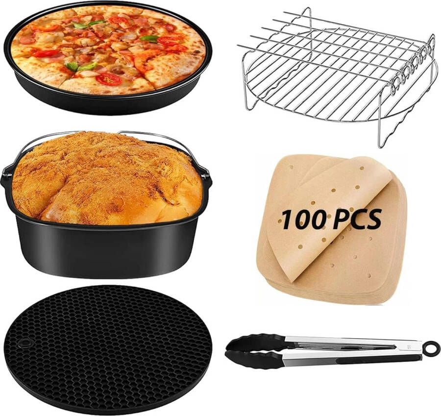 Air Fryer Accessoires Set Fit All of Fryer Brands 5.5L 6 Pack bevat vierkante Cake Pan Pizza Pan Siliconen Mat Bakrek Voedsel Tong 100Pc Papier Voering voor Air Fryer