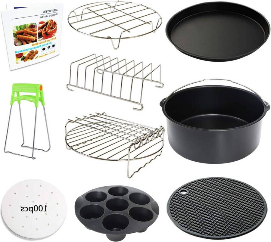 Air Fryer Accessoires Set van 10 voor 3.5Qt-5.8Qt Philips Nuwave Gowise Gourmia Ninja Dash Air Fryer Egg Bites Mold Pizza Pan Cake Barrel Spiesrek Siliconen Mat Air Fryer Liners Air Fryer Silicone Pot