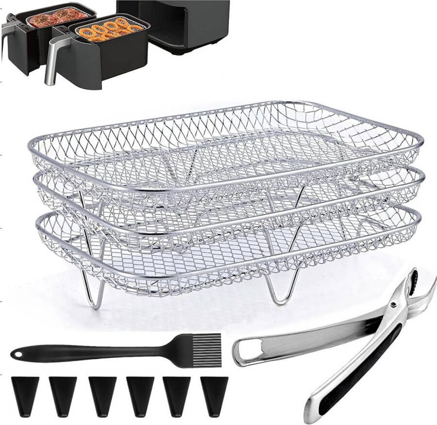Air Fryer Accessoires Set van 4 Racks Anti Brandwonden Tang Olie Borstel Siliconen Voetpads Geschikt voor COSORI NUWAVE Ninja Salter Tower EMtronics