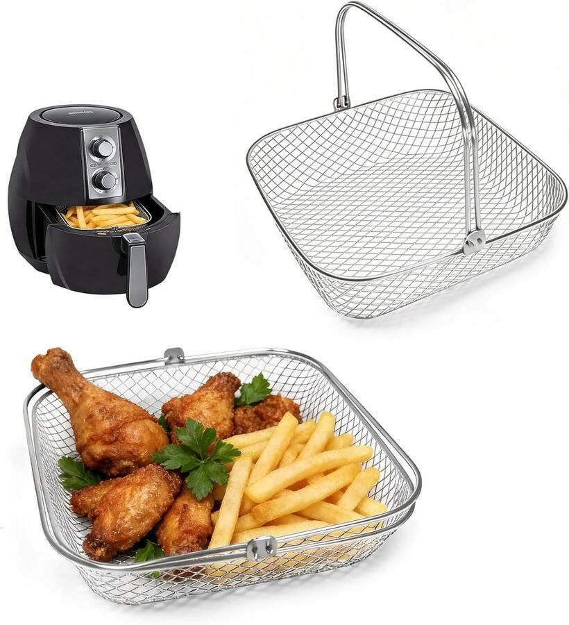 Air Fryer Basket Square Versatile Net Basket Square Stainless Steel Air Fryer Basket with Handle Stainless Steel Frying Basket Air Fryer Accessories Perforated Frying Basket for Fries Chicken