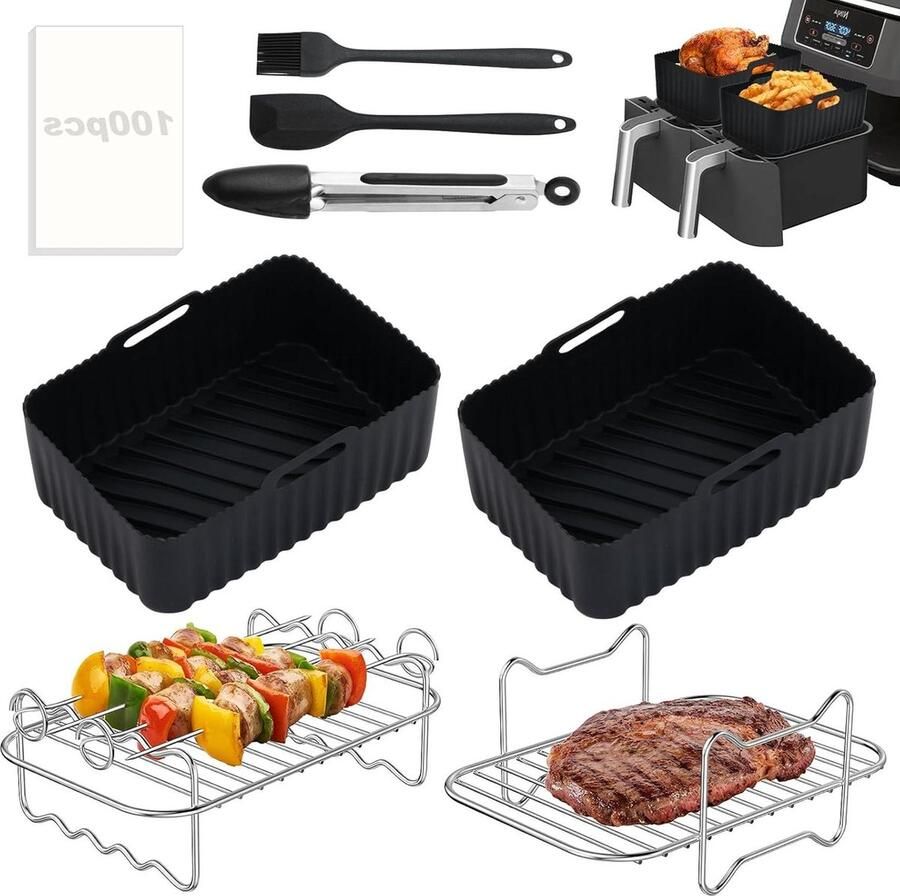 Air Fryer Liners Set van 8 Siliconen Accessoires Compatibel met Ninja Dual AF300UK AF400UK & Tower T17088 Herbruikbare Air Fryer Racks & Paper Lining etc