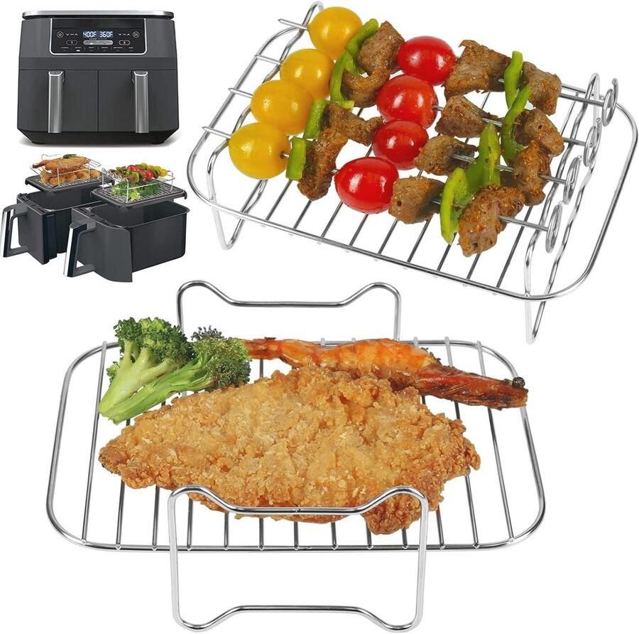 Air Fryer Racks voor Dual Zone Luchtfriteuse 2 Stuks Dehydrator Rack met 4 Spiesjes Roestvrijstalen Accessoires voor Grillen en Bakken