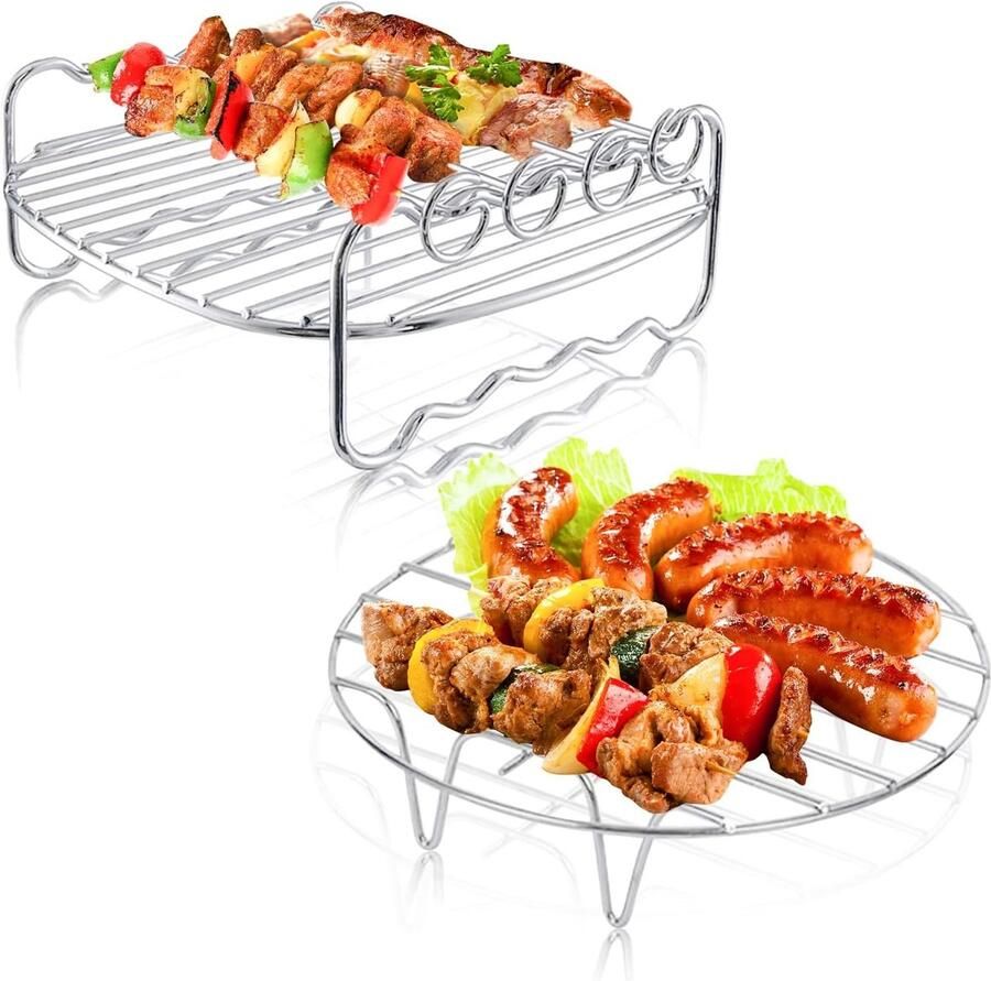 Air Fryer Rek Roestvrij Staal 17 8 cm Multifunctioneel Dubbellaags Rek met Barbecuestokjes Voor de meeste Airfryers