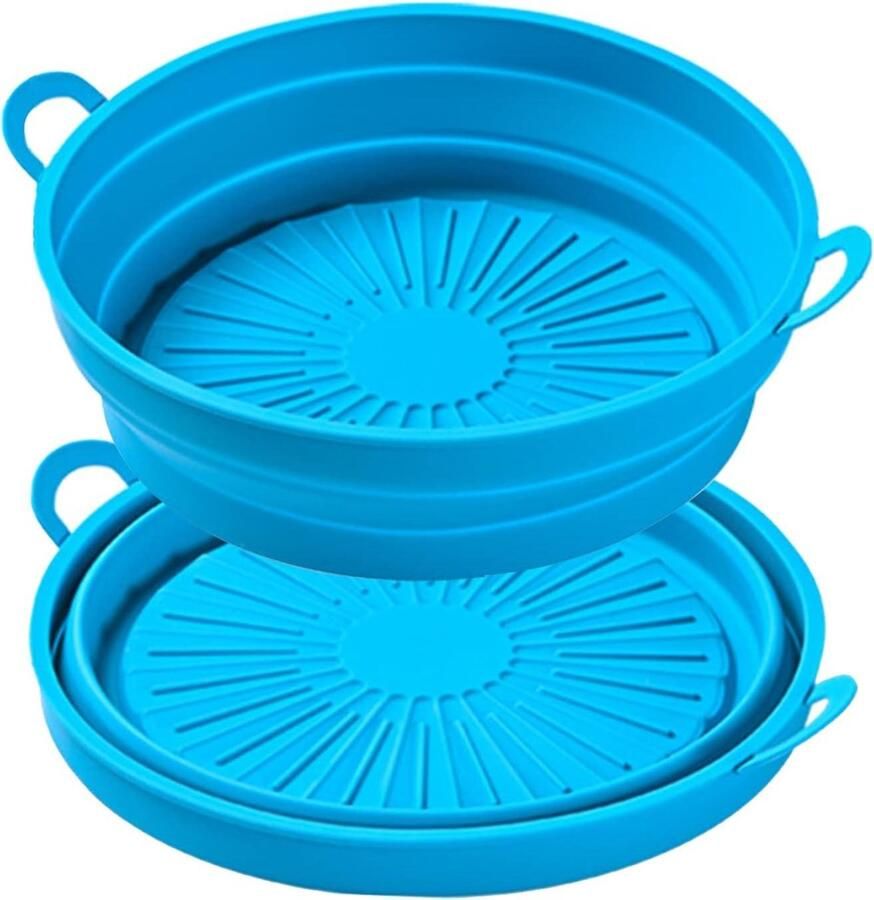 Air Fryer Silicone Pan Set of 2 Foldable Round Hot Air Fryer Basket Accessories Reusable Non-Stick Coating for Oven Microwave (Blue 21cm)
