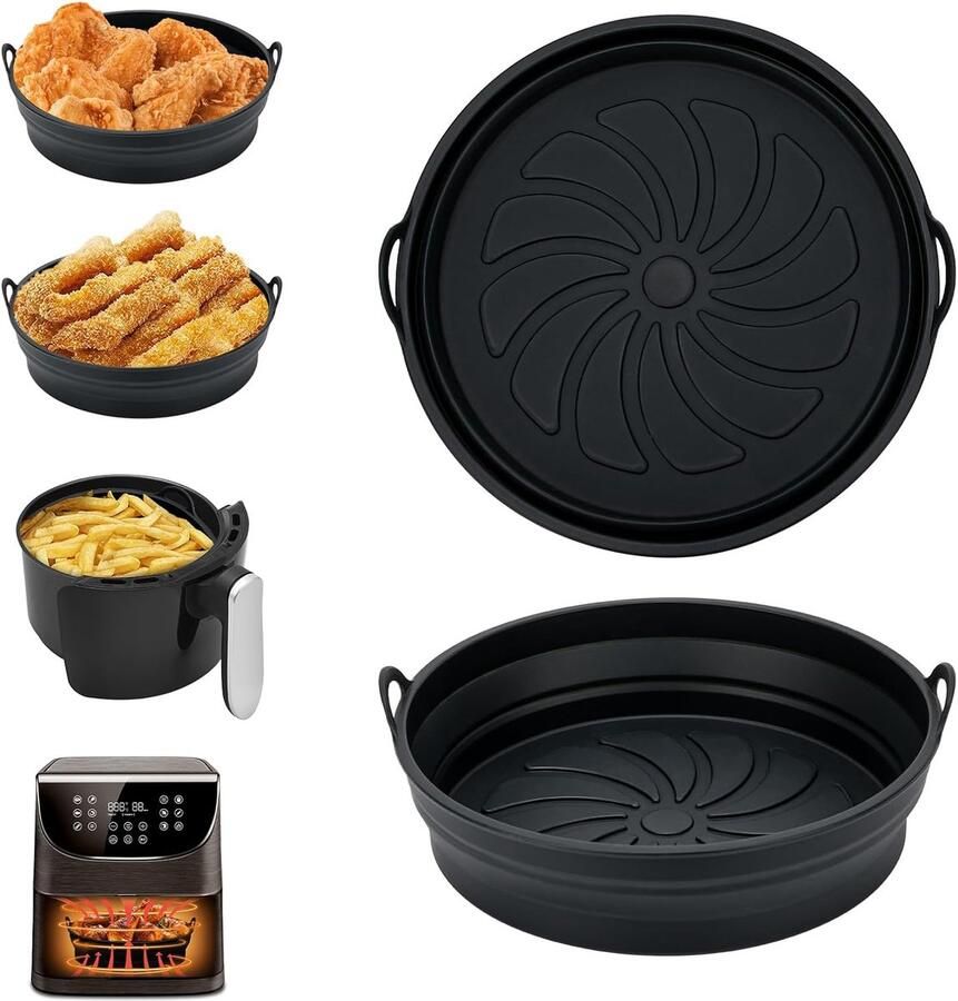 Air Fryer Silicone Pot 2 Stuks Airfryer Pan Liners Herbruikbare Heteluchtfriteuse Mand Rond Opvouwbare Tray Rack Accessoires Basket voor Air Fryers Magnetron Oven (Zwart)