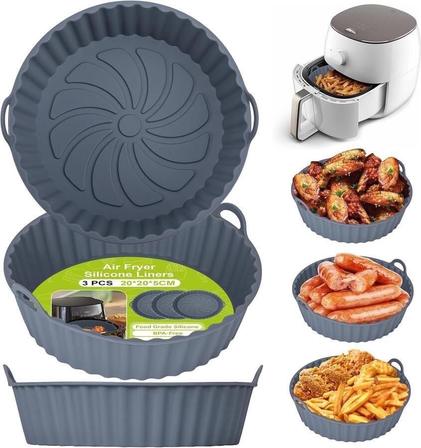 Air Fryer Silicone Pot 3 Stuks Airfryer Pan Liners Herbruikbare Heteluchtfriteuse Mand Rond Tray Rack Accessoires Basket voor Air Fryers Magnetron Oven (Grijs)