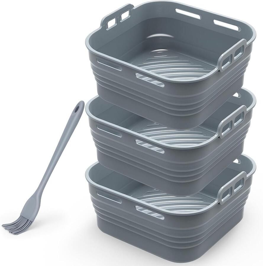 Air Fryer Silicone Pot met Olieborstel 3 Stuks Airfryer Pan Liners Herbruikbare Heteluchtfriteuse Mand Vierkante Tray Rack Accessoires Basket Liner voor Air Fryers Magnetron Oven (Grijs)